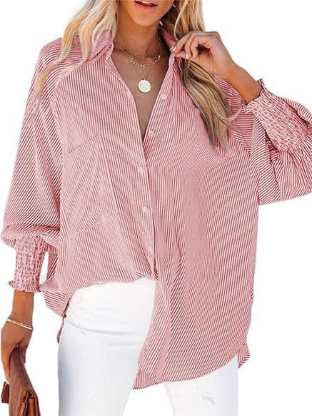 Women's Smocked Cuffed Striped Boyfriend Shirt with Pocket Casual Collar Long Sleeve Blouse Tops for Pocket Shirred