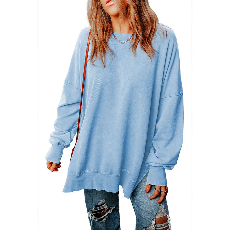 Autumn New Pure Color round-Neck Pullover Women's European and American Leisure Style All-Match Super Long Flab Hiding Long-Sleeved Top for Women