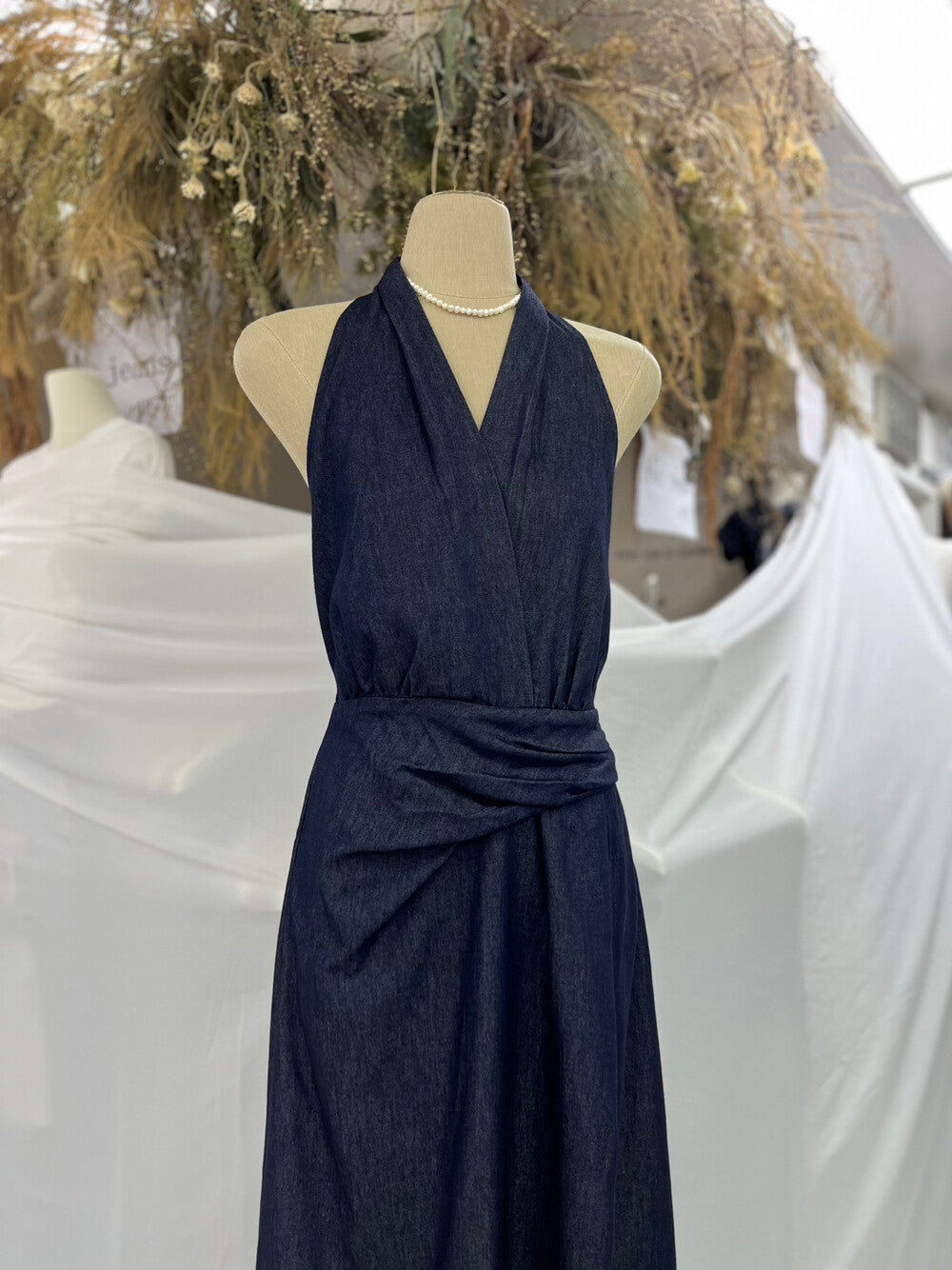 Women's Dark Navy Denim Halter Neck Wrap Ruched Maxi Dress Sleeveless Backless S M L MiniHey HH8230 - Seldom Seen Styles