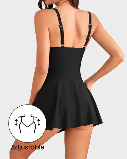 Women's One Piece Tummy Control Tie Knot Swimsuit Skort Built-In Bra Beach Vacation
