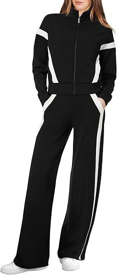 Women's 2 Piece Lounge Outfits Zip Up Sweat Set Contrast Striped Wide Leg Jogging Pants Travel Track Suit