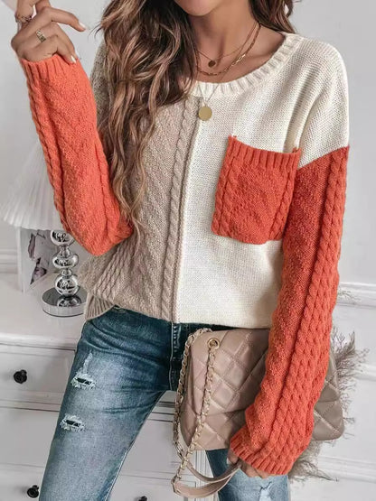 Amazon New Sweater European and American Women's Clothing Casual Patchwork Pocket Pullover Sweater Top Women's Sweater