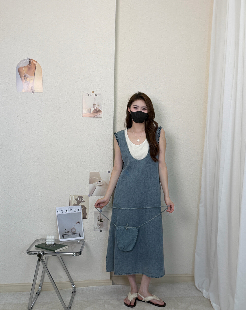 Women's Denim Fake Two-Piece Sleeveless U-Neck A-Line Midi Dress Ruffle Shoulder Detail with Free Mini Bag Dark Navy Blue Grey One Size - Seldom Seen Styles