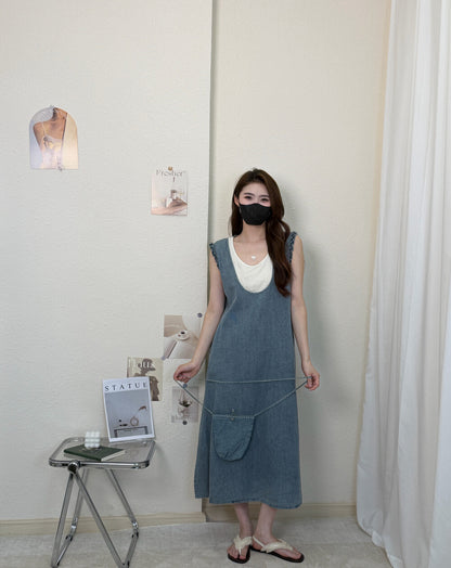 Women's Denim Fake Two-Piece Sleeveless U-Neck A-Line Midi Dress Ruffle Shoulder Detail with Free Mini Bag Dark Navy Blue Grey One Size