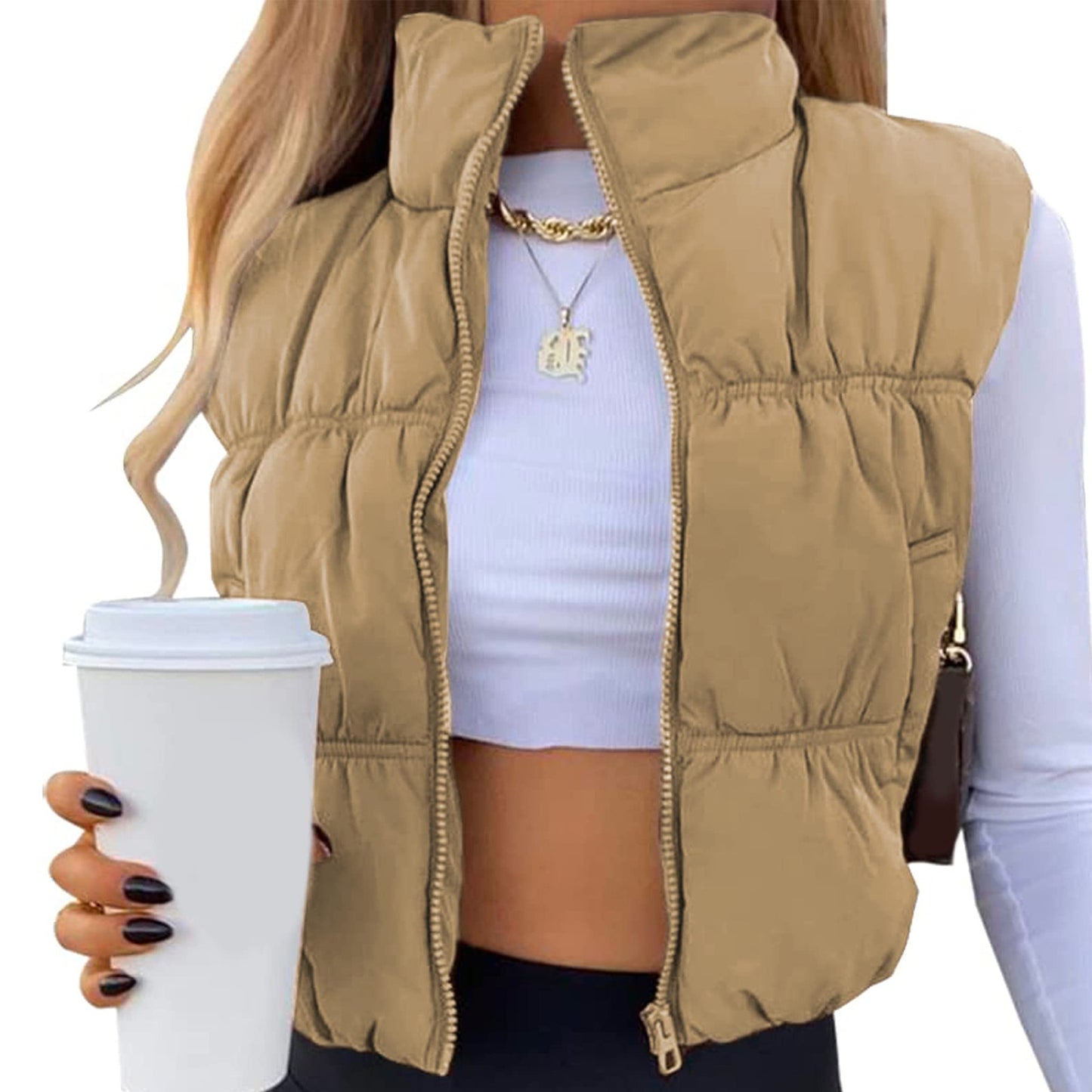 Women's Sleeveless Puffer Vest Zip-Up Stand Collar Trendy Cozy Cropped Outerwear for Stylish Layering - Seldom Seen Styles