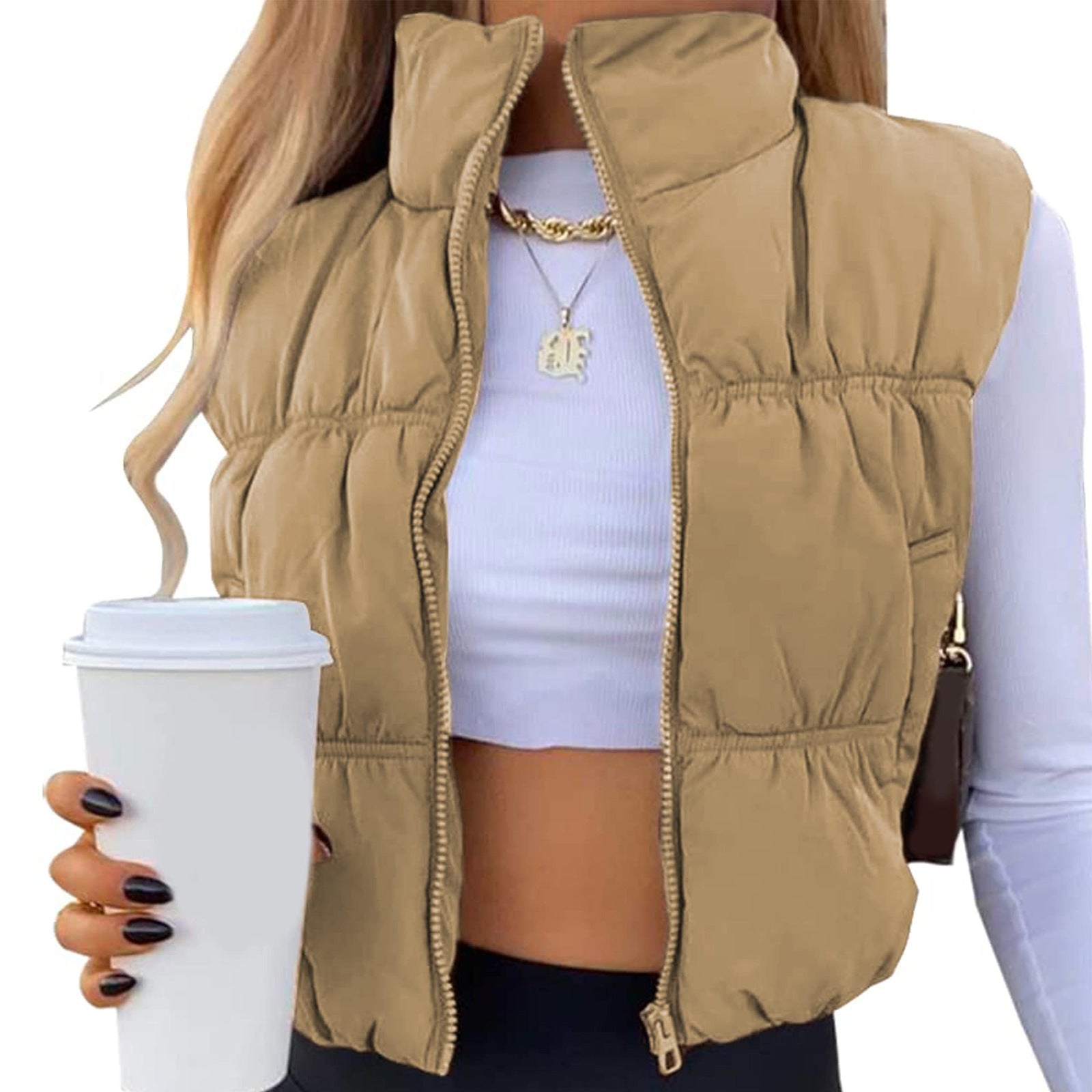 Women's Sleeveless Puffer Vest Zip-Up Stand Collar Trendy Cozy Cropped Outerwear for Stylish Layering - Seldom Seen Styles