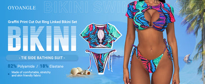 Women's 2 Piece Swimsuit Graffiti Print Cut Out Ring Linked Bikini Set Tie Side Bathing Suit - Seldom Seen Styles