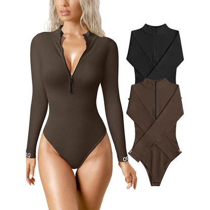 Women's 2 Piece Bodysuits Sexy Ribbed One Piece Zip Front Long Sleeve Tops Bodysuits