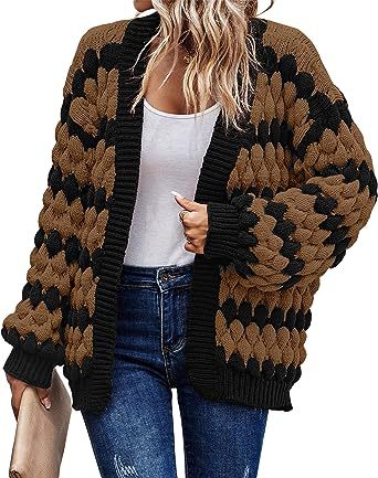 2024 Autumn and Winter Amazon New Lantern Sleeve Striped Loose Multicolor Twisted Knitted Winter Sweater Coat