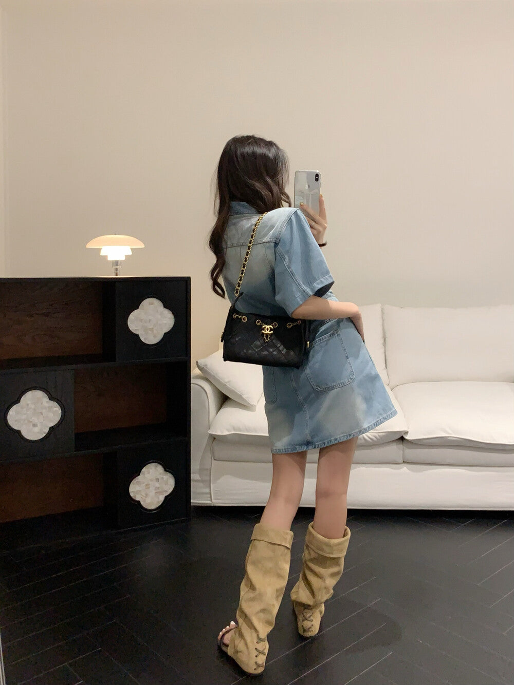 Women's Light Blue Washed Denim Short Sleeve Lapel Collar Silver Button Mini Dress Waist Cinching Dual Chest Pockets Side Pockets S M - Seldom Seen Styles