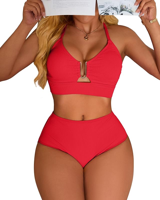 Ribbed High Rise Bikini Sets Women Large Bust Longline Modest Bikini Swimsuits 2 Piece - Seldom Seen Styles