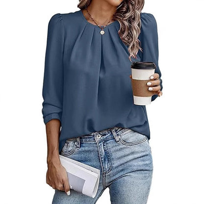 Womens Tops Dressy Casual Pleated Crew Neck Long Sleeve Shirts Office Work Chiffon Blouses