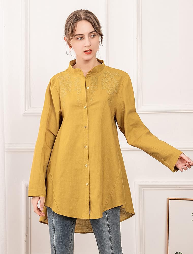 Minibee Women Cotton Linen Shirt High Low Button Down Embroidered Blouse Long Sleeve Tunic Tops