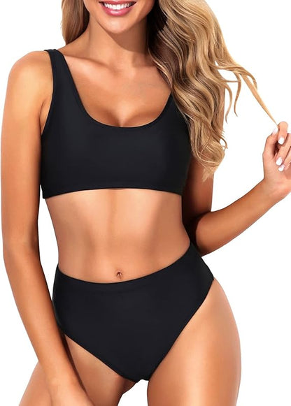 Women Two Piece Scoop Neck Bikini Crop Top Swimsuit Sporty High Waisted Bathing Suit - Seldom Seen Styles