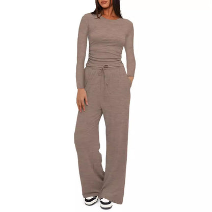 Two-piece Set Women's Solid Ruched Tee & Drawstring Pocket Pants Pajamas Set, Casual Long Sleeve T-shirt & Elastic Waist Trousers, Ladies Sleepwear  Loungewear for All Seasons - Seldom Seen Styles