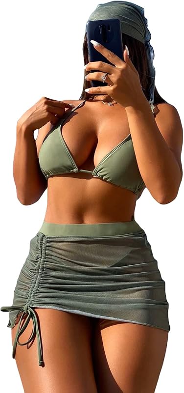 Women's 4 Piece Swimsuits Sexy Bikini Sets Triangle Bathing Suit with Mesh Cover Up Beach Skirt & Bandana - Seldom Seen Styles