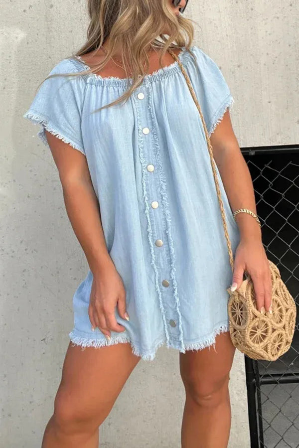 Fashionable Off Shoulder Short-sleeved Loose Denim Mini Dress - Seldom Seen Styles