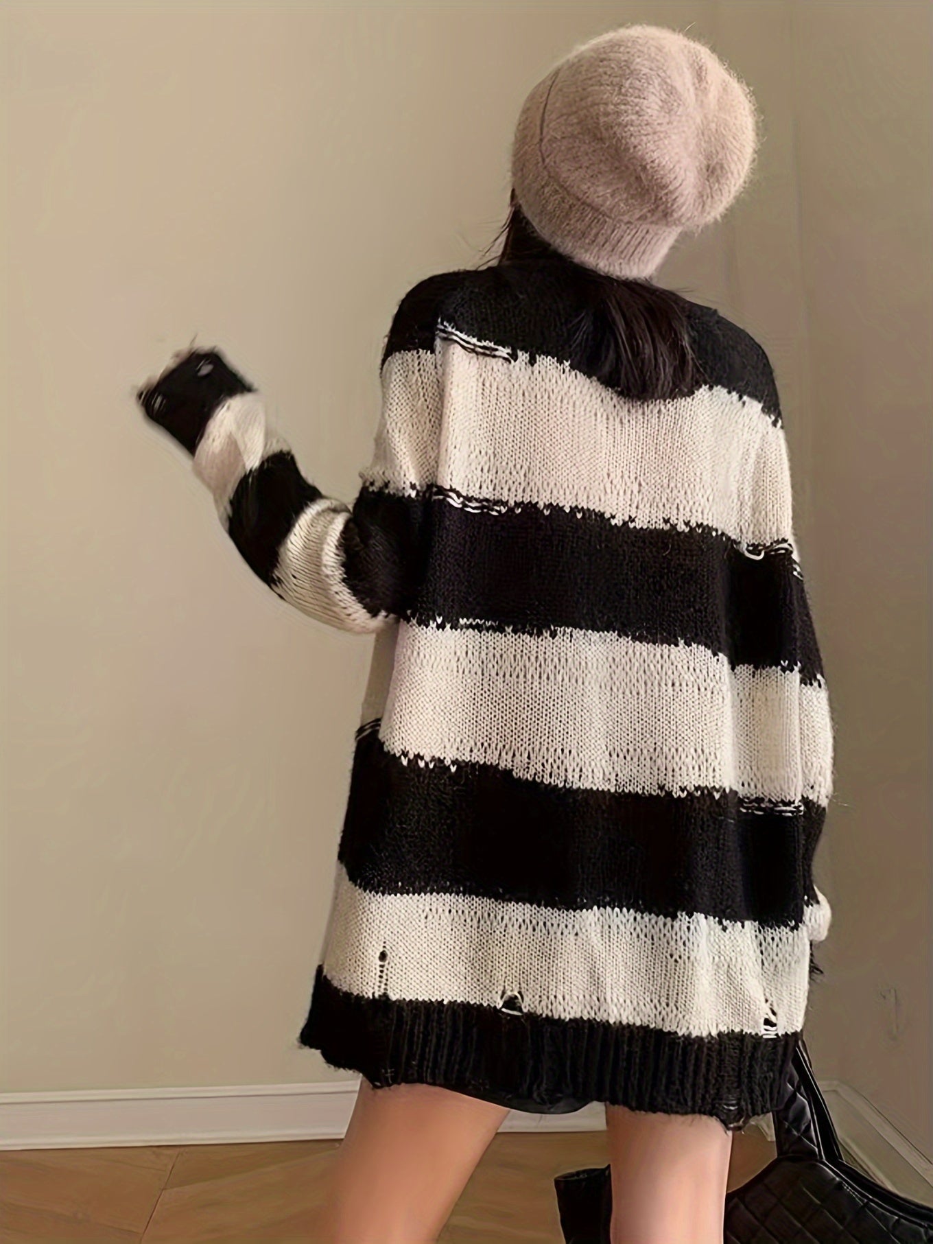 Casual Striped Distressed Pullover Sweater for Women - 100% Polyester Crew Neck Knit Fabric Top, All-Season Relaxed Fit Long Sleeve Jumper with Frayed Hem