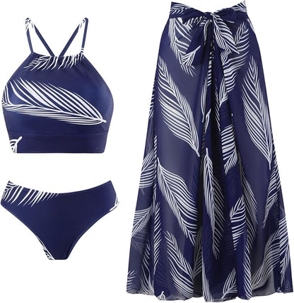 3 Piece Swimsuits for Women High Waisted Bikini Sets Retro Swimsuit with Cover up Beach Wrap Skirt - Seldom Seen Styles