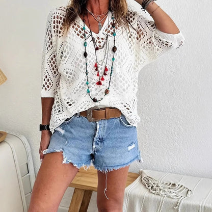 Women's Crochet Knit Top Boho Hollow Out V Neck Loose Fit Summer Beach Cover Up