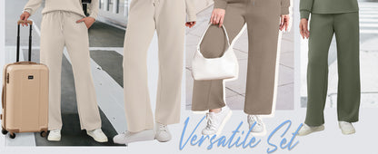 Two Piece Sets for Women Fall Travel Vacation Outfits Long Sleeve Lounge Sets Side Slit Wide Leg Pants S-3XL