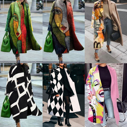 New Arrival  Autumn Foreign Women's Clothing  Long Sleeve Turn-down Collar Coat Printed Woolen Long-Cut Coat