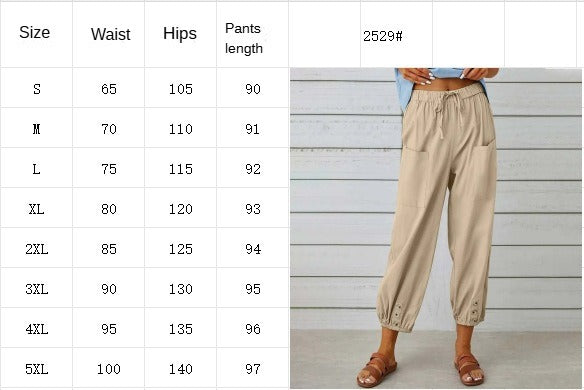 Women's Capri Pants High Waist Drawstring Cinch Bottom with Button Cotton Loose Casual Trouser with Pockets - Seldom Seen Styles