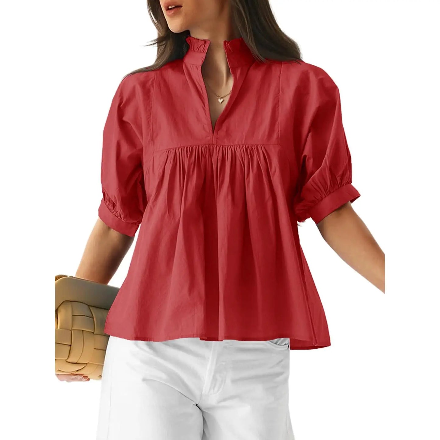 Cicy Bell Womens V Neck Puff Sleeve Blouse Babydoll Peplum Tops Dressy Casual Pleated Loose Fit Shirts - Seldom Seen Styles