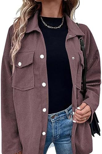 Astylish Damen Shacket-Jacke mit Waffelstrick, lang, übergroß, lässige Blusen, Button-Down-Kragen, elegante Hemden 