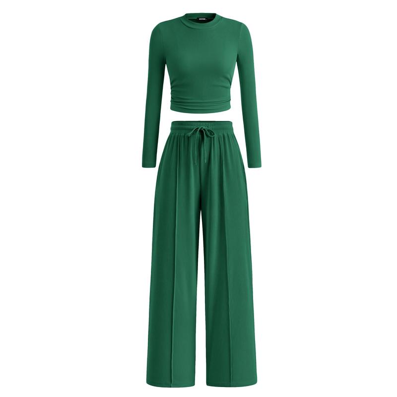 BTFBM 2-Piece Ribbed Knit Long Sleeve Crop Top Wide Leg Pants Matching Lounge Set Loungewear