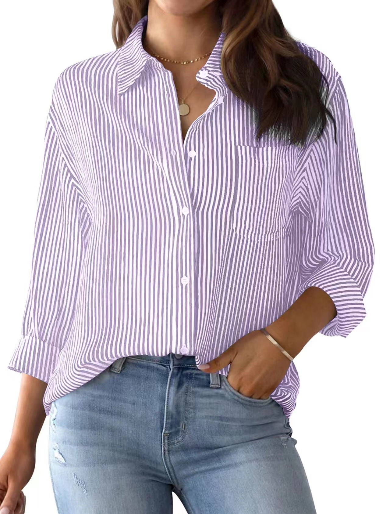 AISEW Damen Button-Down-Hemd, gestreift, klassisch, Langarm, Kragen, Büro, Arbeit, Bluse, Tops mit Tasche