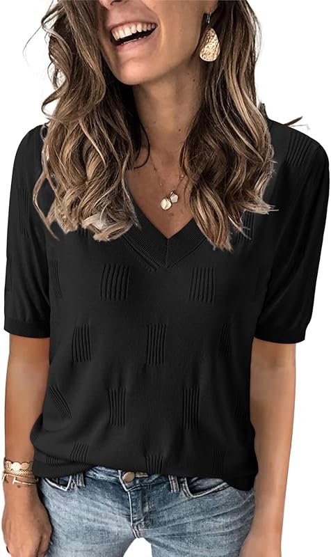 Cloz Womens Sweaters Soft Fall 2024 Fashion Versatile Dressy Blouse Short Sleeve Knit Lightweight Tops Summer Trendy