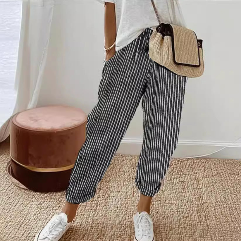 Women's Casual Vertical Striped High Elastic Waist Wide Leg Capri Palazzo Pants with Pockets - Seldom Seen Styles