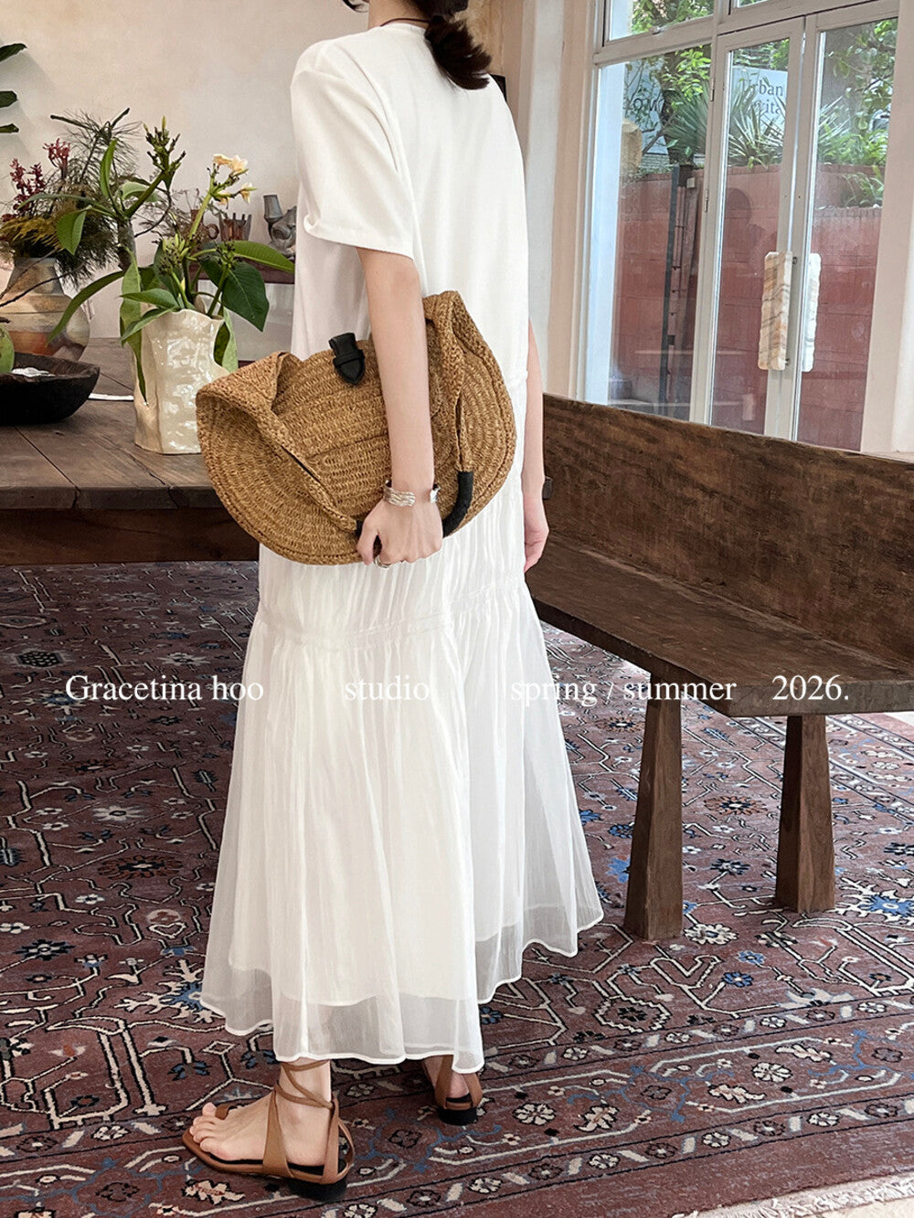 Cotton T-Shirt Spliced Mesh Tiered Ruffle Maxi Dress Patchwork A-Line Elegant Casual Summer Dress White Black - Seldom Seen Styles
