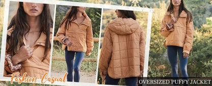 Womens Oversized Hooded Puffer Jacket Lightweight Pullover Hoodies Quilted Dolman Long Sleeve Warm Winter Coat