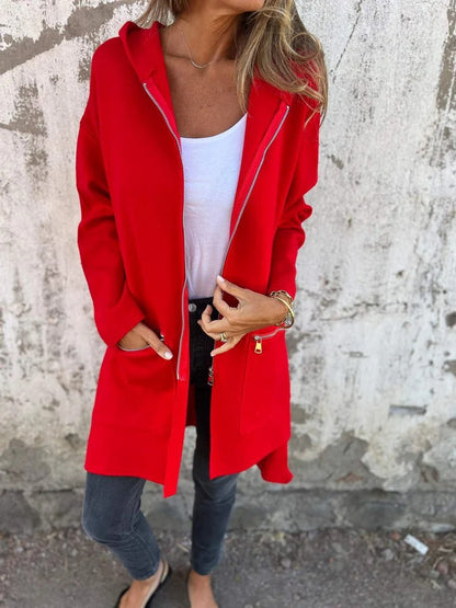 Fall And Winter Women'S Long-Sleeved Hooded Loose Fashion Casual Mid-Length Cardigan Jacket Female