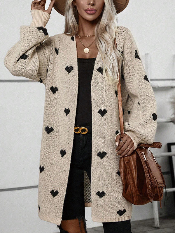 Long Heart Jacquard Sweater  Cardigan Fashion All-Match Casual Sweater Coat for Women