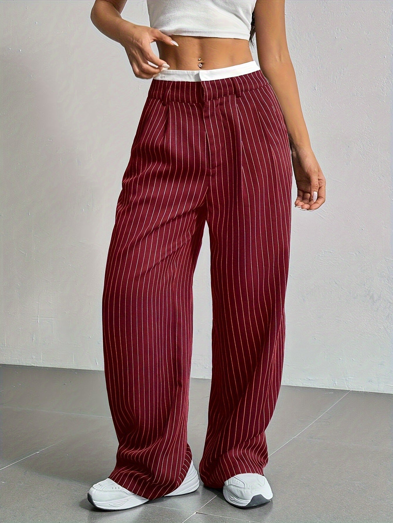 Women's Striped Pants Color Block High Waisted Wide Leg Casual Work Office Long Trousers - Seldom Seen Styles