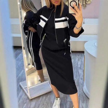 Olive Green Two Piece Skirt Set for Women – Casual Chic Midi Dress with Zip-Up Long Sleeve Jacket