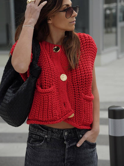 Three-Button Sweater Vest for Women New Solid Color Large Pocket Sleeveless Knitted Short Cardigan Vest