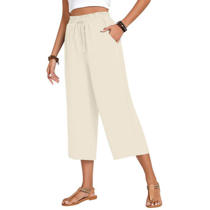 Pantalon Capri pour femme avec cordon de serrage, pantalon Palazzo décontracté avec poches, pantalon de détente ample taille haute à jambes larges