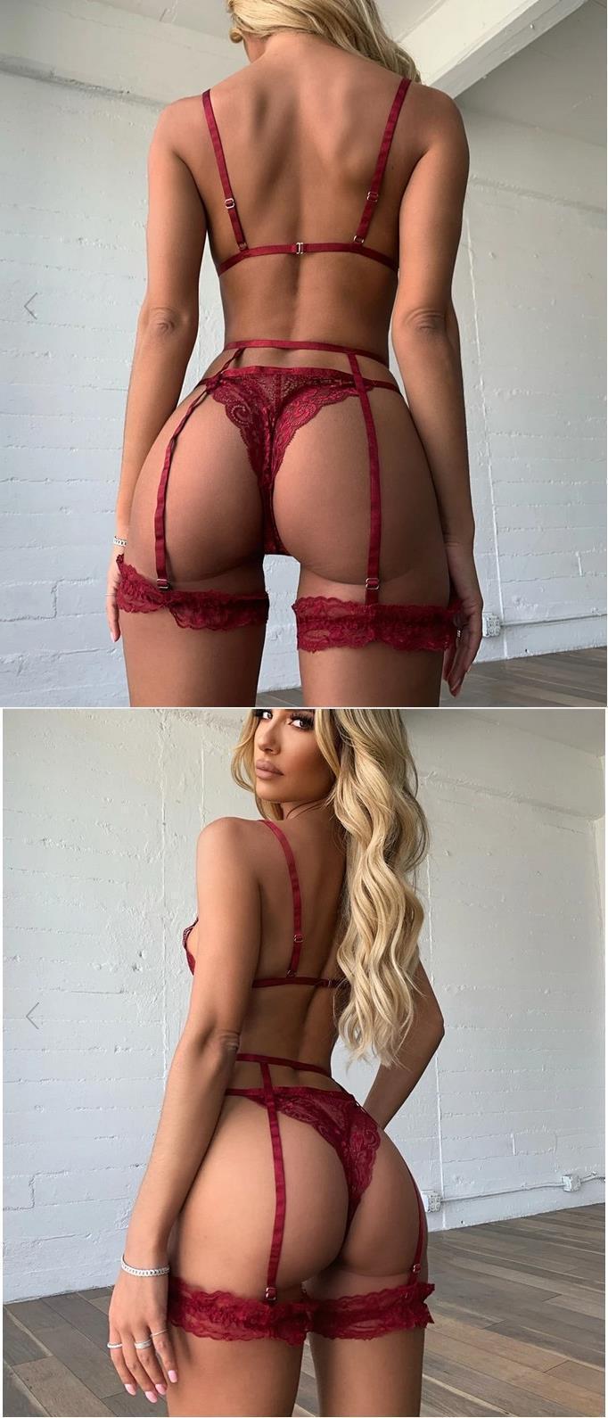 Lace Garter Lingerie Set with Removable Choker Teddy Babydoll Strappy Bra and Panty Set - Seldom Seen Styles