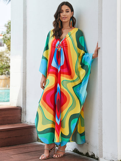 [Plus Size] Butterfly/feather Print Ruched Split Hem Tunic Dress, Valentine's Day Elegant Batwing Sleeve V Neck Long Dress for Summer, Casual Womenswear, Gift, Homecoming Dresses, Women's Clothes for Beach Holiday Vacation, Moo Moo Dresses