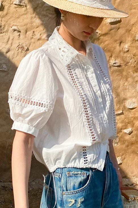 Chic Stripe Lace Puff Sleeve Blouse - Seldom Seen Styles