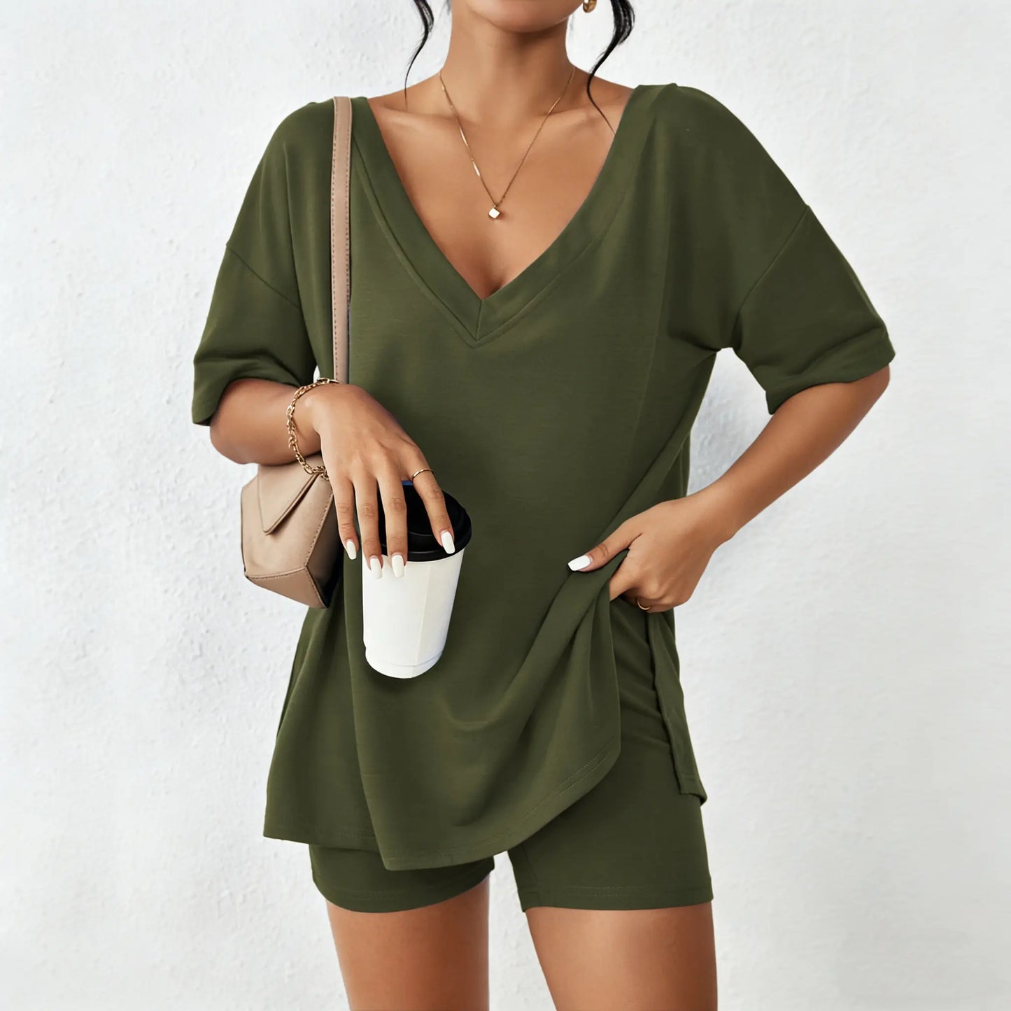 Mother's Day EKOUAER V-neck Two-Piece Pajama Set For Women Summer Casual Oversized Split Hem Shirts & Biker Shorts Minimalist Lounge Wear Soft Homewear Cozy Pjs Clothes Comfy - Seldom Seen Styles