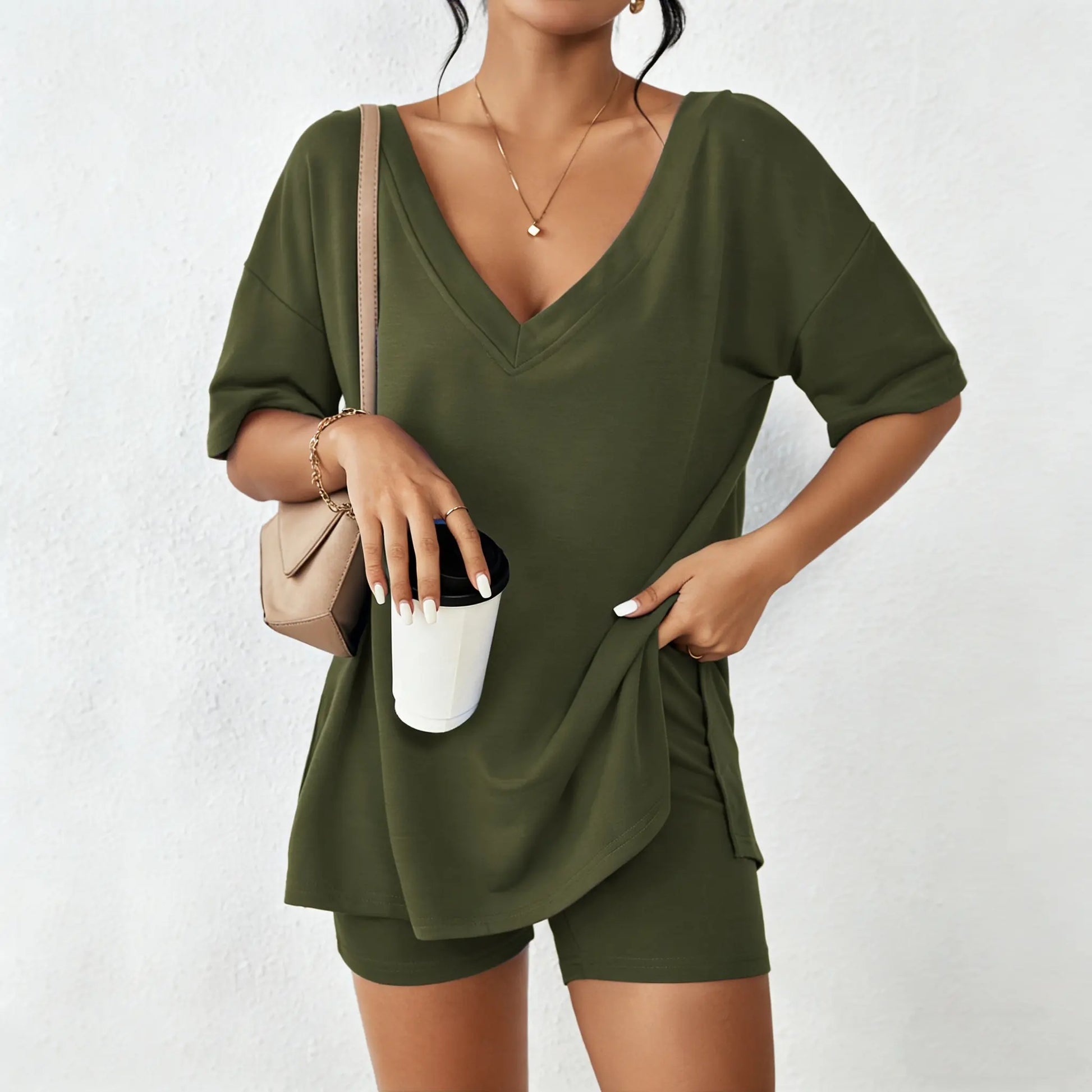 Mother's Day EKOUAER V-neck Two-Piece Pajama Set For Women Summer Casual Oversized Split Hem Shirts & Biker Shorts Minimalist Lounge Wear Soft Homewear Cozy Pjs Clothes Comfy - Seldom Seen Styles