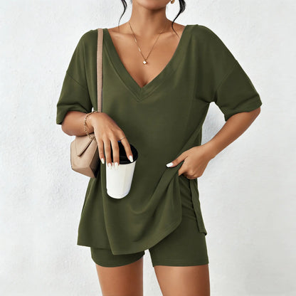 Mother's Day EKOUAER V-neck Two-Piece Pajama Set For Women Summer Casual Oversized Split Hem Shirts & Biker Shorts Minimalist Lounge Wear Soft Homewear Cozy Pjs Clothes Comfy