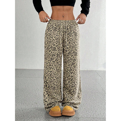 Damenhose mit Buchstaben-Leopardenmuster und geradem Bein, elastische Taille, Y2K-Hose, Unterteil mit Taschen