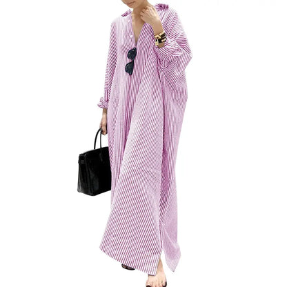 Chouyatou Women's Casual Long Sleeve Button Down Loose Striped Cotton Maxi Shirt Dress Grey Caftan Comfy Basic Batwing Sleeves Breathable Lightweight Beach Clothes Womenswear Bikini Elegant Fit tiktokshopspringglowup