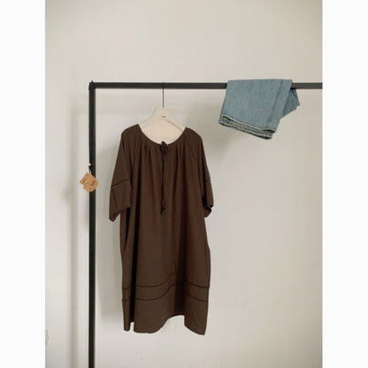 Solid Color Short Sleeve Drawstring Neck Loose Midi Dress Casual Oversized Summer Dress with Pockets